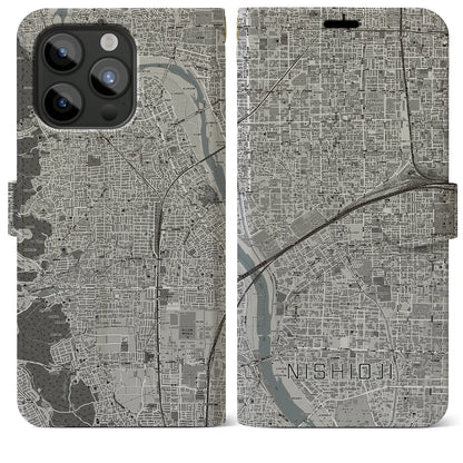 【西大路（京都府）】地図柄iPhoneケース（手帳タイプ）モノトーン・iPhone 15 Pro Max 用