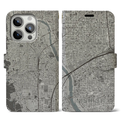 【西大路（京都府）】地図柄iPhoneケース（手帳タイプ）モノトーン・iPhone 15 Pro 用