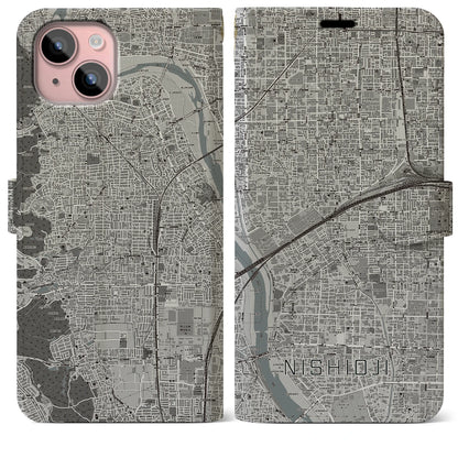 【西大路（京都府）】地図柄iPhoneケース（手帳タイプ）モノトーン・iPhone 15 Plus 用