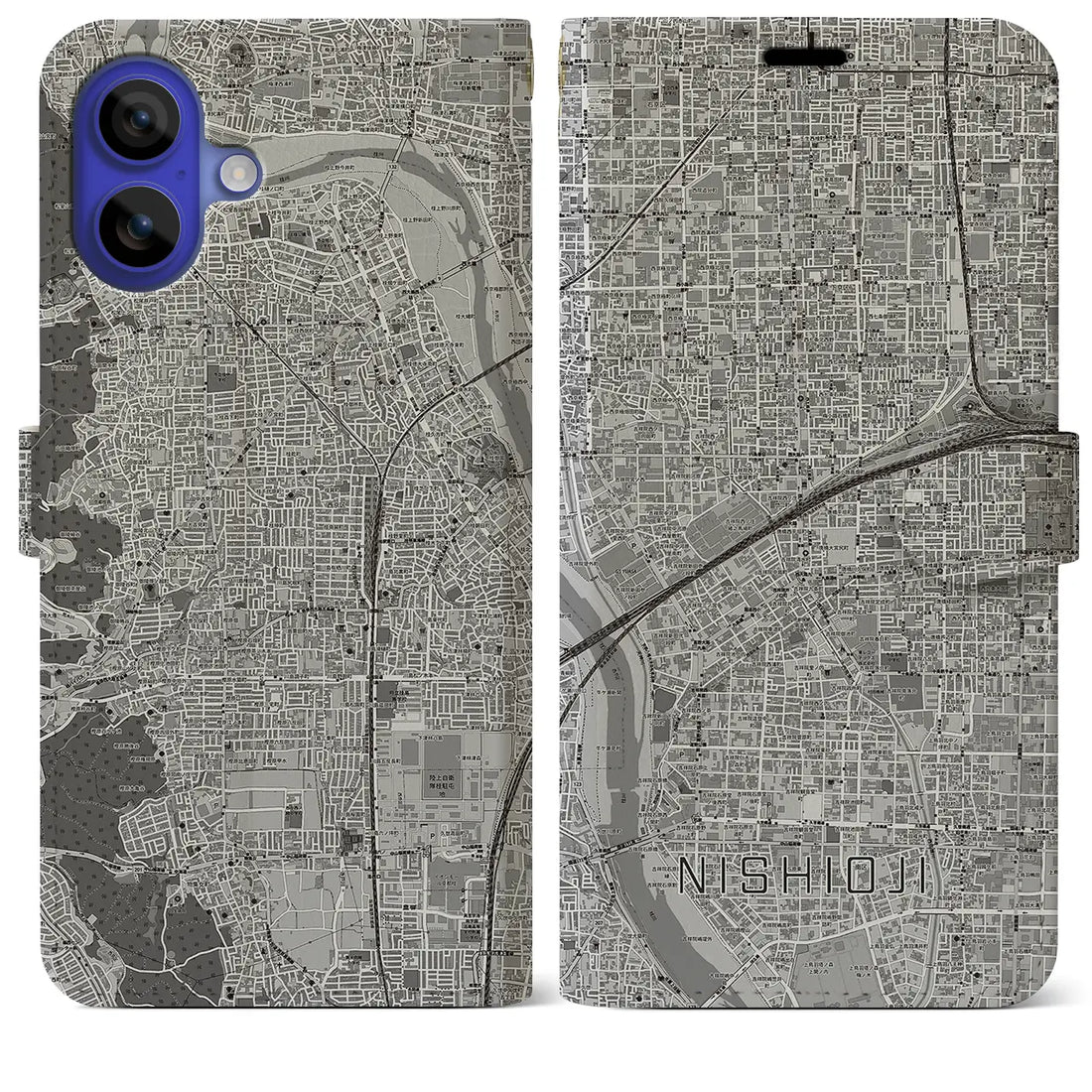 【西大路(京都府)】地図柄iPhoneケース(手帳タイプ)モノトーン・iPhone 16 Pro Max 用