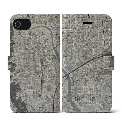【西大路（京都府）】地図柄iPhoneケース（手帳タイプ）モノトーン・iPhone SE（第3 / 第2世代） / 8 / 7 / 6s / 6 用