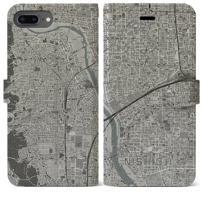 【西大路（京都府）】地図柄iPhoneケース（手帳タイプ）モノトーン・iPhone 8Plus /7Plus / 6sPlus / 6Plus 用