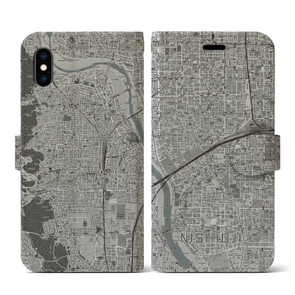 【西大路（京都府）】地図柄iPhoneケース（手帳タイプ）モノトーン・iPhone XS / X 用