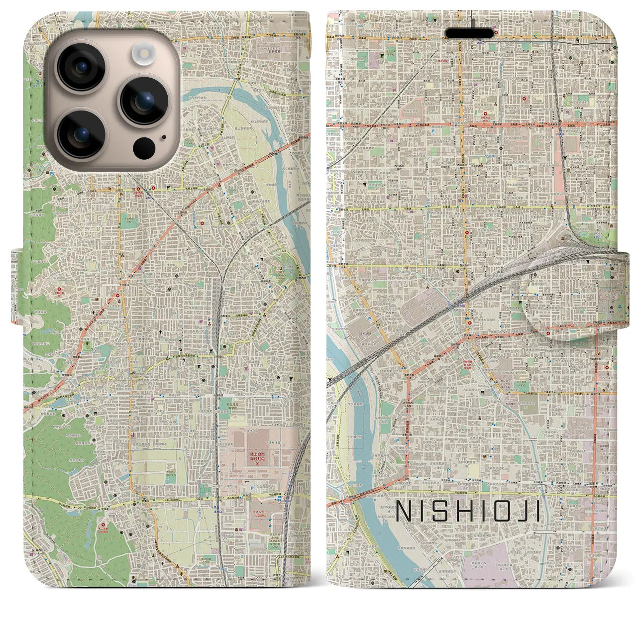 【西大路（京都府）】地図柄iPhoneケース（手帳タイプ）ナチュラル・iPhone 16 Plus 用