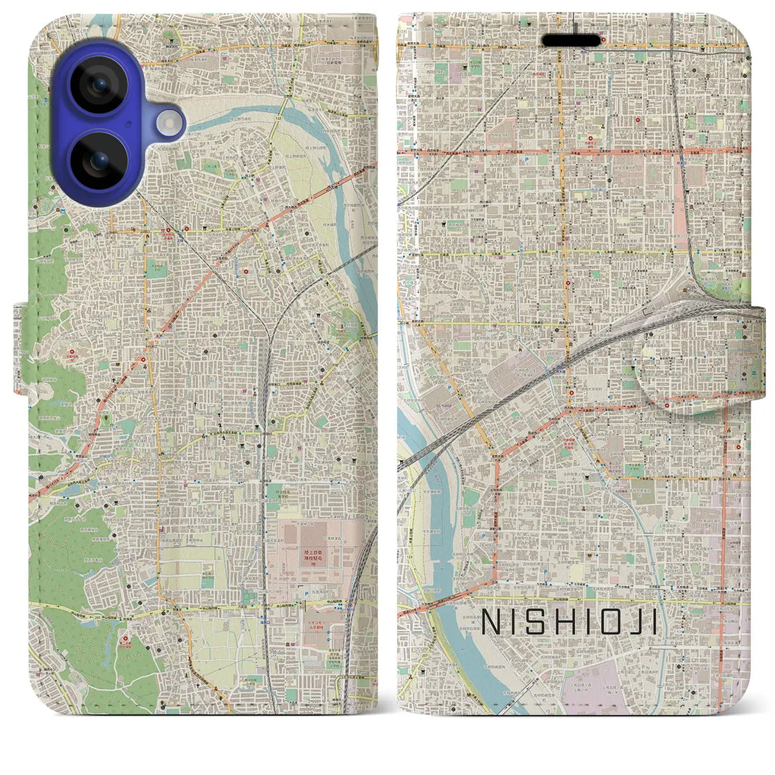 【西大路（京都府）】地図柄iPhoneケース（手帳タイプ）ナチュラル・iPhone 16 Pro Max 用