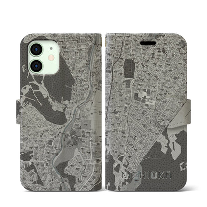 【西岡（北海道）】地図柄iPhoneケース（手帳タイプ）モノトーン・iPhone 12 mini 用