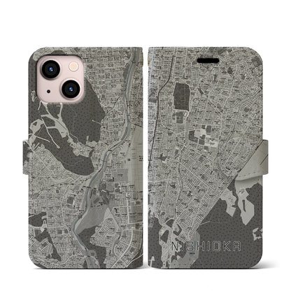 【西岡（北海道）】地図柄iPhoneケース（手帳タイプ）モノトーン・iPhone 13 mini 用