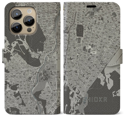 【西岡（北海道）】地図柄iPhoneケース（手帳タイプ）モノトーン・iPhone 14 Pro Max 用