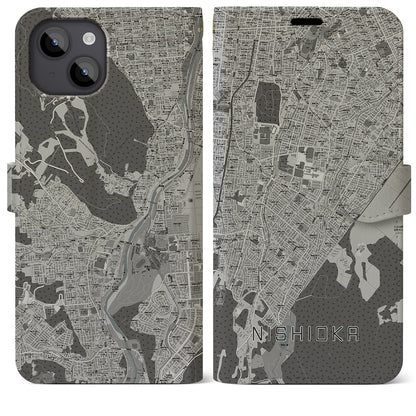 【西岡（北海道）】地図柄iPhoneケース（手帳タイプ）モノトーン・iPhone 14 Plus 用