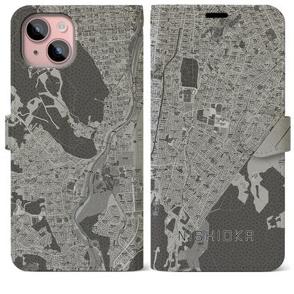 【西岡（北海道）】地図柄iPhoneケース（手帳タイプ）モノトーン・iPhone 15 Plus 用