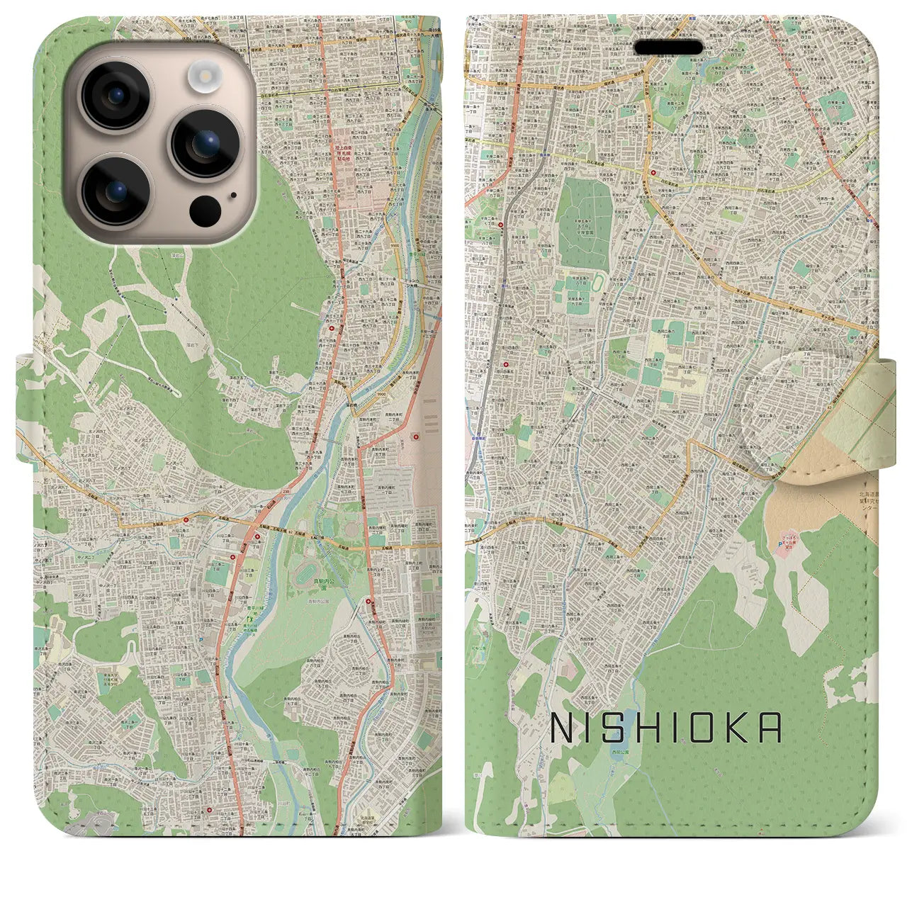 【西岡（北海道）】地図柄iPhoneケース（手帳タイプ）ナチュラル・iPhone 16 Plus 用