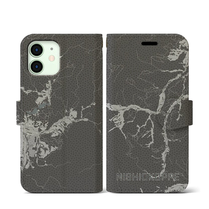 【西興部（北海道）】地図柄iPhoneケース（手帳タイプ）モノトーン・iPhone 12 mini 用