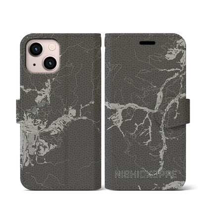 【西興部（北海道）】地図柄iPhoneケース（手帳タイプ）モノトーン・iPhone 13 mini 用