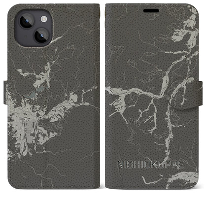 【西興部（北海道）】地図柄iPhoneケース（手帳タイプ）モノトーン・iPhone 14 Plus 用