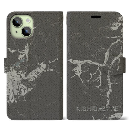 【西興部（北海道）】地図柄iPhoneケース（手帳タイプ）モノトーン・iPhone 15 用