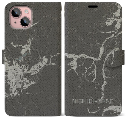 【西興部（北海道）】地図柄iPhoneケース（手帳タイプ）モノトーン・iPhone 15 Plus 用