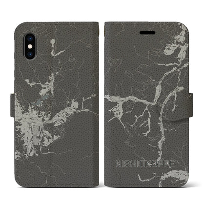 【西興部（北海道）】地図柄iPhoneケース（手帳タイプ）モノトーン・iPhone XS / X 用