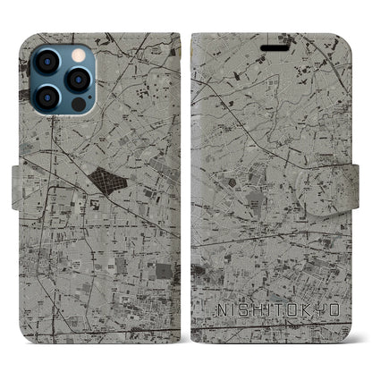 【西東京（東京都）】地図柄iPhoneケース（手帳タイプ）モノトーン・iPhone 12 / 12 Pro 用