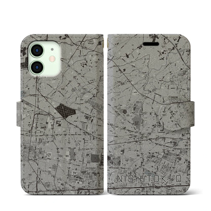 【西東京（東京都）】地図柄iPhoneケース（手帳タイプ）モノトーン・iPhone 12 mini 用
