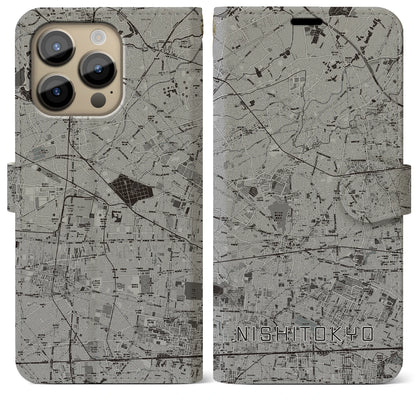 【西東京（東京都）】地図柄iPhoneケース（手帳タイプ）モノトーン・iPhone 14 Pro Max 用