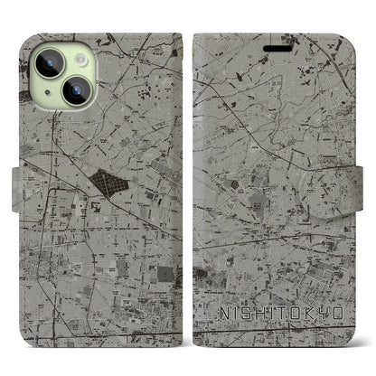【西東京（東京都）】地図柄iPhoneケース（手帳タイプ）モノトーン・iPhone 15 用