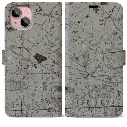 【西東京（東京都）】地図柄iPhoneケース（手帳タイプ）モノトーン・iPhone 15 Plus 用