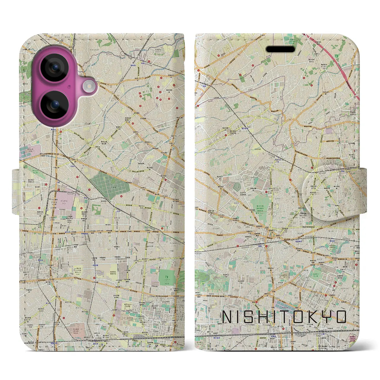 【西東京（東京都）】地図柄iPhoneケース（手帳タイプ）ナチュラル・iPhone 16 Pro 用