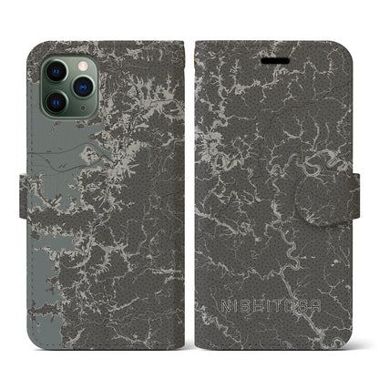 【西土佐（高知県）】地図柄iPhoneケース（手帳タイプ）モノトーン・iPhone 11 Pro 用