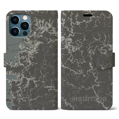 【西土佐（高知県）】地図柄iPhoneケース（手帳タイプ）モノトーン・iPhone 12 / 12 Pro 用