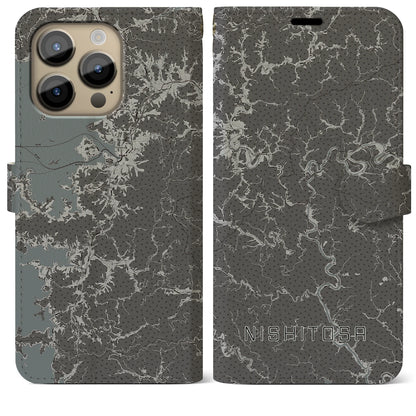 【西土佐（高知県）】地図柄iPhoneケース（手帳タイプ）モノトーン・iPhone 14 Pro Max 用