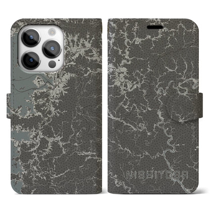 【西土佐（高知県）】地図柄iPhoneケース（手帳タイプ）モノトーン・iPhone 14 Pro 用