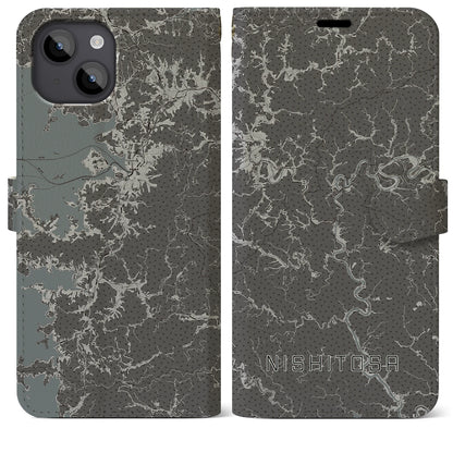 【西土佐（高知県）】地図柄iPhoneケース（手帳タイプ）モノトーン・iPhone 14 Plus 用