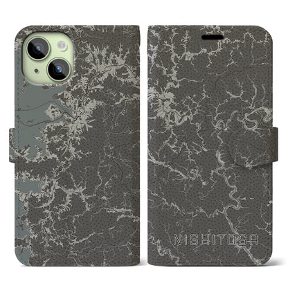 【西土佐（高知県）】地図柄iPhoneケース（手帳タイプ）モノトーン・iPhone 15 用