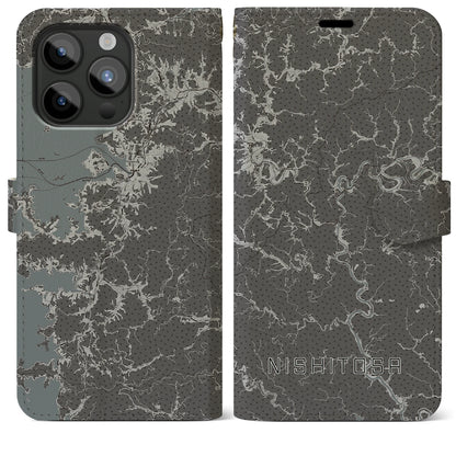 【西土佐（高知県）】地図柄iPhoneケース（手帳タイプ）モノトーン・iPhone 15 Pro Max 用