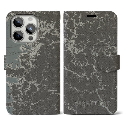 【西土佐（高知県）】地図柄iPhoneケース（手帳タイプ）モノトーン・iPhone 15 Pro 用