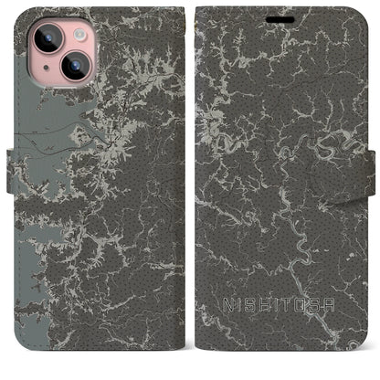 【西土佐（高知県）】地図柄iPhoneケース（手帳タイプ）モノトーン・iPhone 15 Plus 用