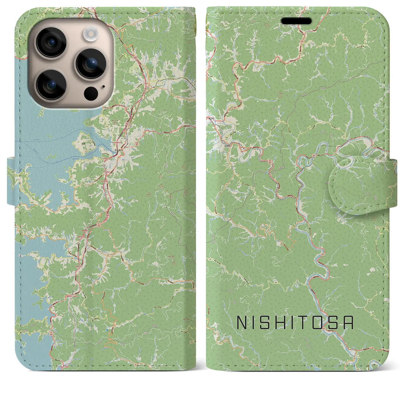 【西土佐（高知県）】地図柄iPhoneケース（手帳タイプ）ナチュラル・iPhone 16 Plus 用