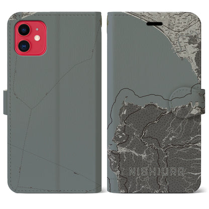 【西浦（静岡県）】地図柄iPhoneケース（手帳タイプ）モノトーン・iPhone 11 用