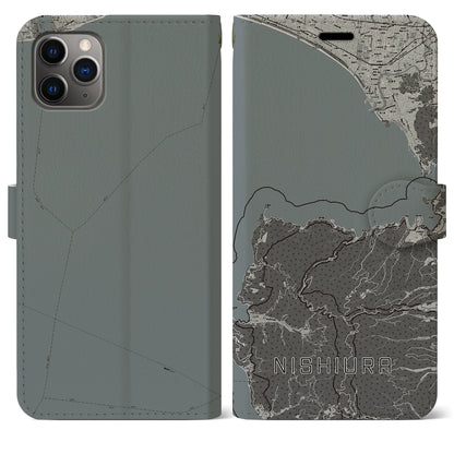 【西浦（静岡県）】地図柄iPhoneケース（手帳タイプ）モノトーン・iPhone 11 Pro Max 用