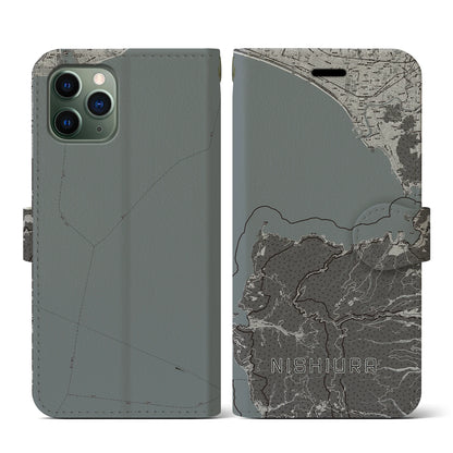 【西浦（静岡県）】地図柄iPhoneケース（手帳タイプ）モノトーン・iPhone 11 Pro 用