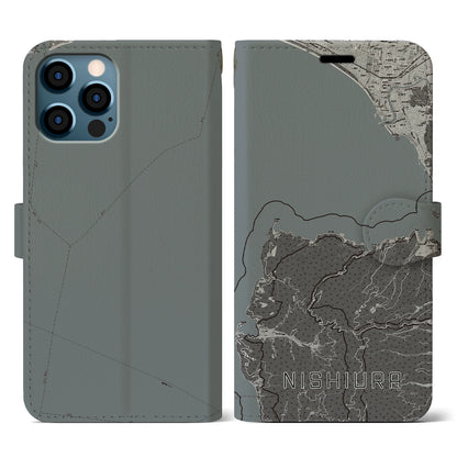 【西浦（静岡県）】地図柄iPhoneケース（手帳タイプ）モノトーン・iPhone 12 / 12 Pro 用