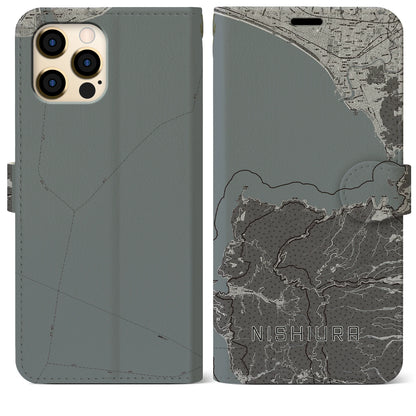 【西浦（静岡県）】地図柄iPhoneケース（手帳タイプ）モノトーン・iPhone 12 Pro Max 用