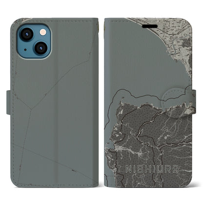 【西浦（静岡県）】地図柄iPhoneケース（手帳タイプ）モノトーン・iPhone 13 用