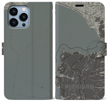 【西浦（静岡県）】地図柄iPhoneケース（手帳タイプ）モノトーン・iPhone 13 Pro Max 用