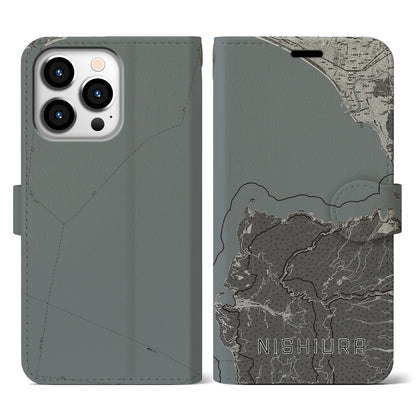 【西浦（静岡県）】地図柄iPhoneケース（手帳タイプ）モノトーン・iPhone 13 Pro 用