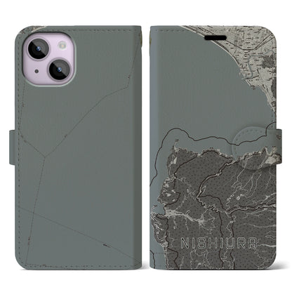 【西浦（静岡県）】地図柄iPhoneケース（手帳タイプ）モノトーン・iPhone 14 用