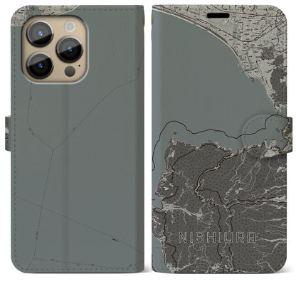 【西浦（静岡県）】地図柄iPhoneケース（手帳タイプ）モノトーン・iPhone 14 Pro Max 用
