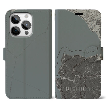 【西浦（静岡県）】地図柄iPhoneケース（手帳タイプ）モノトーン・iPhone 14 Pro 用