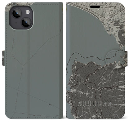 【西浦（静岡県）】地図柄iPhoneケース（手帳タイプ）モノトーン・iPhone 14 Plus 用