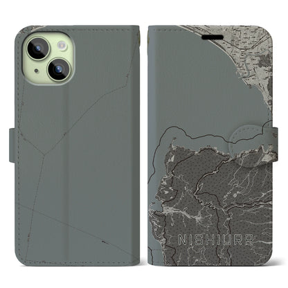 【西浦（静岡県）】地図柄iPhoneケース（手帳タイプ）モノトーン・iPhone 15 用